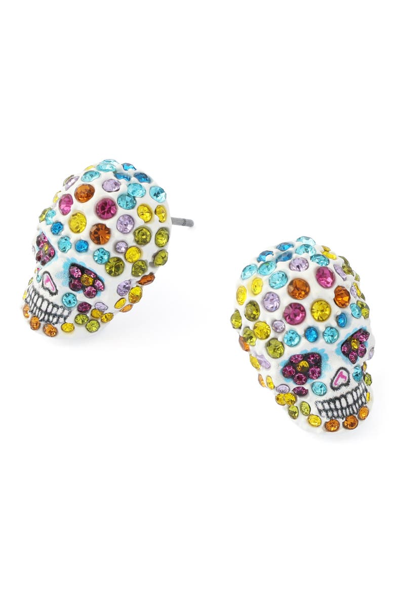 Pavé Skull Stud Earrings, Alternate, color, GOLD/ MULTI