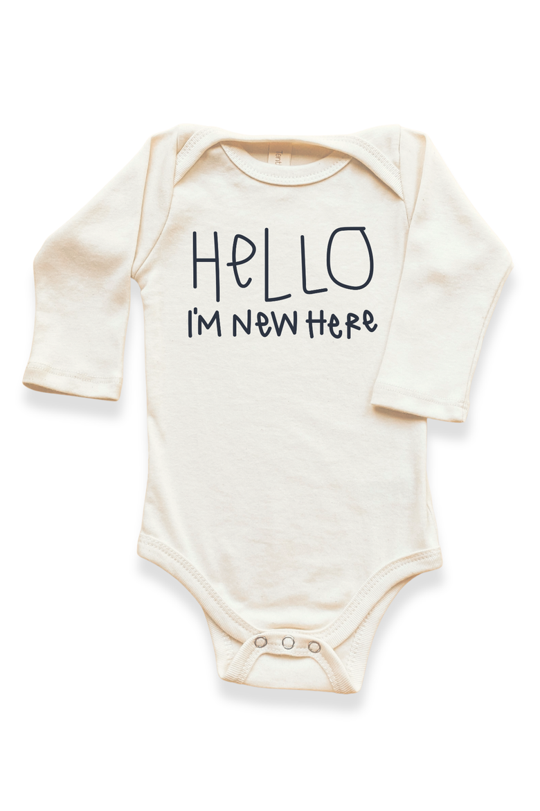 Hello I'm New Here Organic Baby Bodysuit Long Sleeve, Main, color, Natural Black Lettering