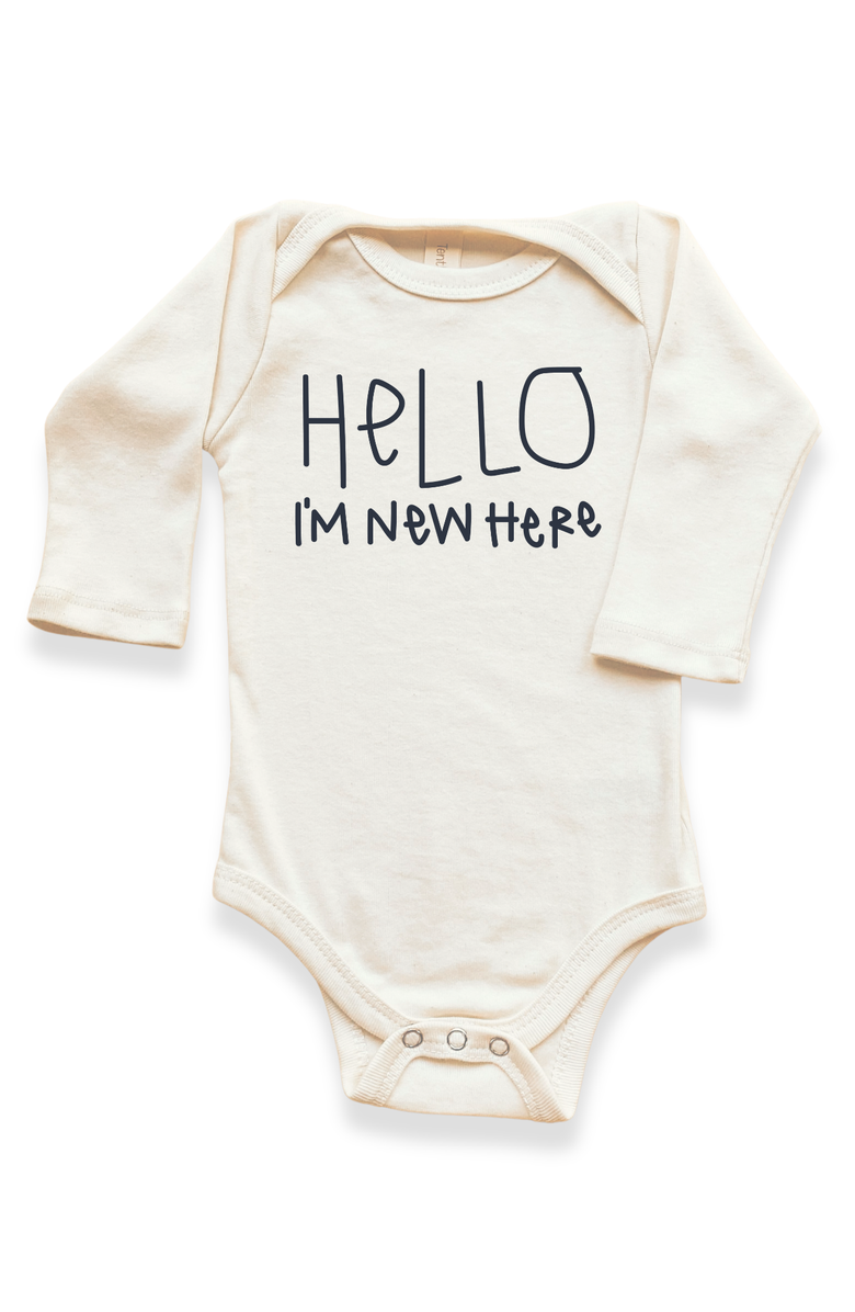 Tenth & Pine Hello I'm New Here Organic Baby Bodysuit Long Sleeve, Main, color, Natural Black Lettering