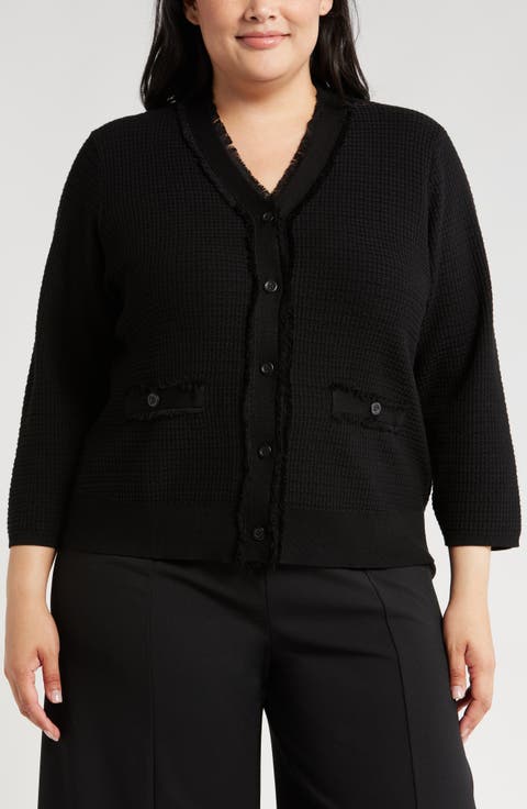 V-Neck Fringe Cardigan (Plus)