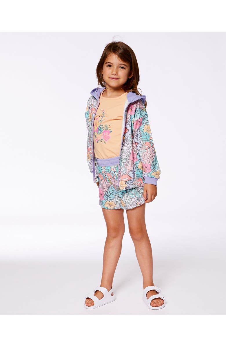 Deux par Deux Girl's Printed French Terry Short Lilac Tropical And Pink Flamingos, Alternate, color, Lilac And Pink Flamingos