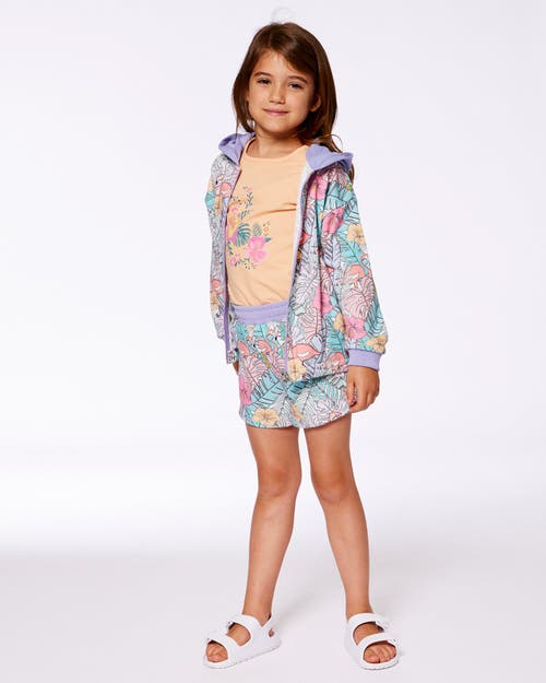 DEUX PAR DEUX DEUX PAR DEUX LITTLE GIRL'S PRINTED FRENCH TERRY SHORT LILAC TROPICAL AND PINK FLAMINGOS 
