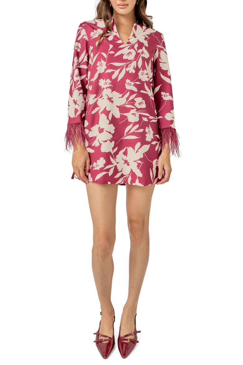 Feather Trim Minidress, Main, color, BURGUNDY MULTI