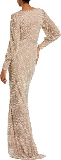 Wrap Over Bishop Sleeve Pearl Beaded Gown