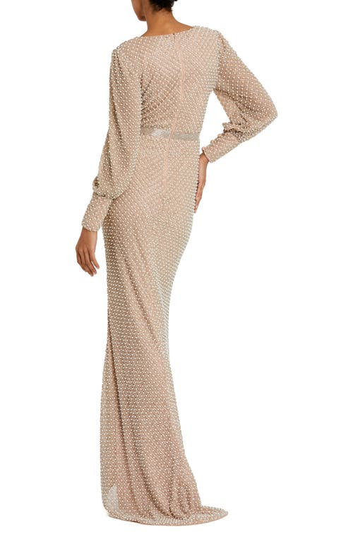 Mac Duggal Women's Pearl-embellished Long-sleeve Gown In Ivory Nude