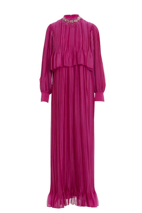 Embroidered Collar Pleated Maxi Light Violet Dress