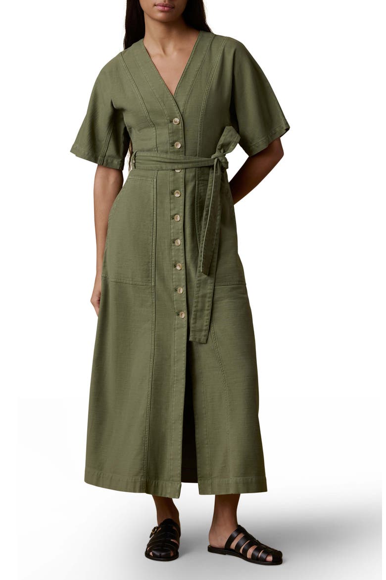 Camille Button Front Organic Stretch Cotton Midi Dress, Main, color, MOSS