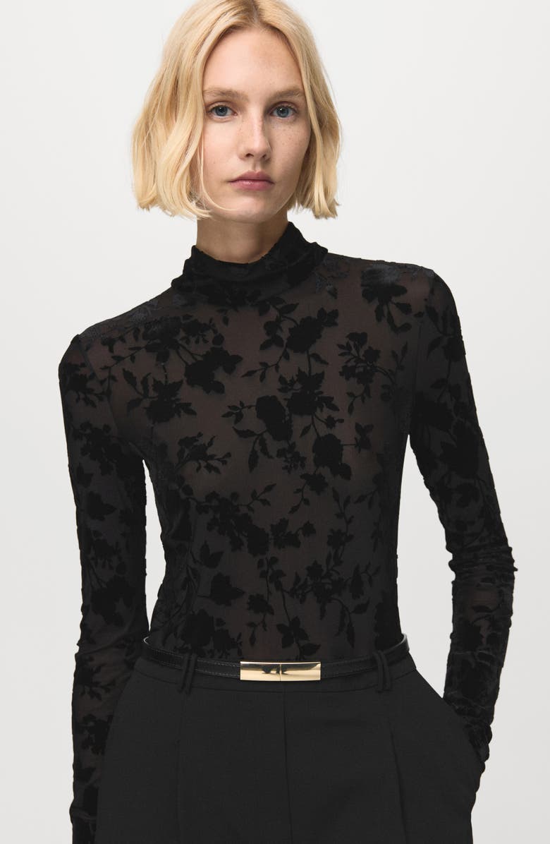 MANGO Mixed Media Long Sleeve Jumpsuit, Alternate, color, Black