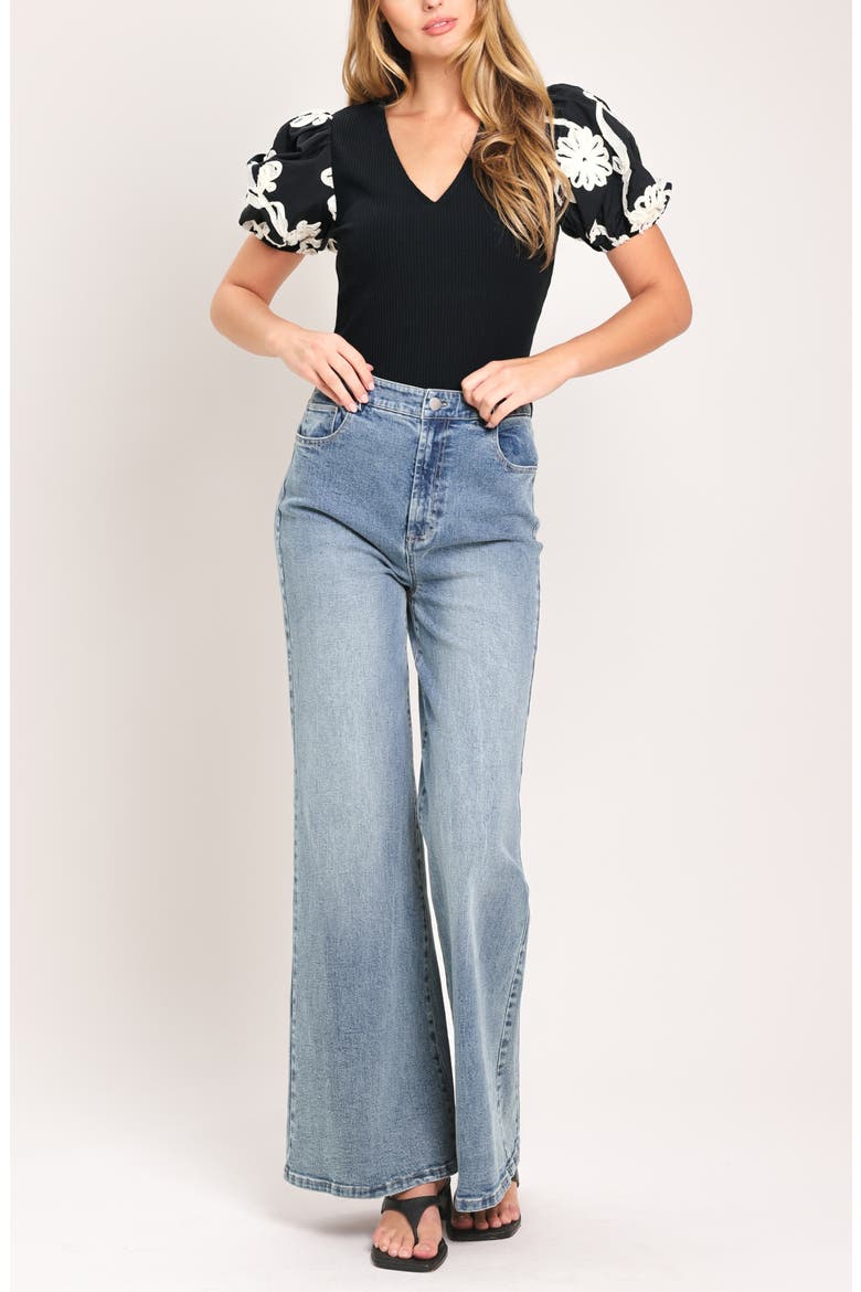 Floral Embroidered Puff Sleeve Ribbed Top, Alternate, color, BLACK