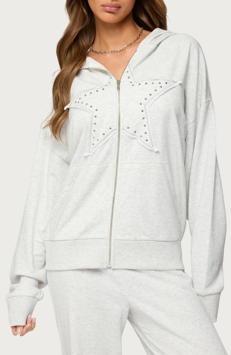 EDIKTED Briela Stud Detail Zip-Up Cotton Blend Hoodie, Main, color,