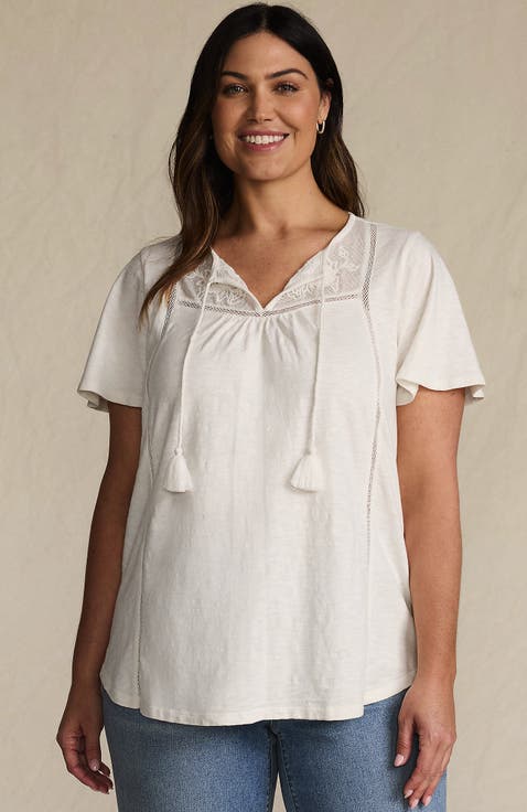 Slub Flutter Sleeve Lace Trim Notch Neck Tunic Top