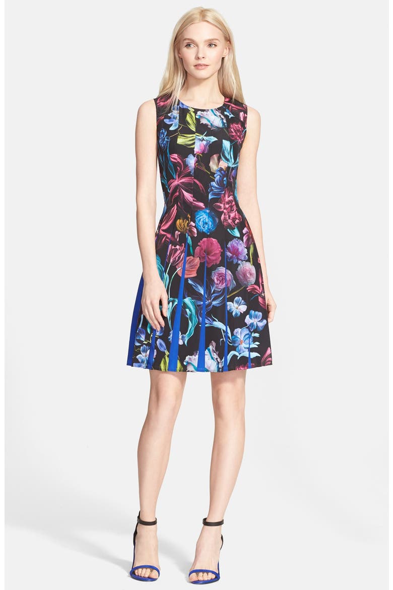 'Edelfi' Floral Print Pleated Fit & Flare Dress, Main, color, BLACK