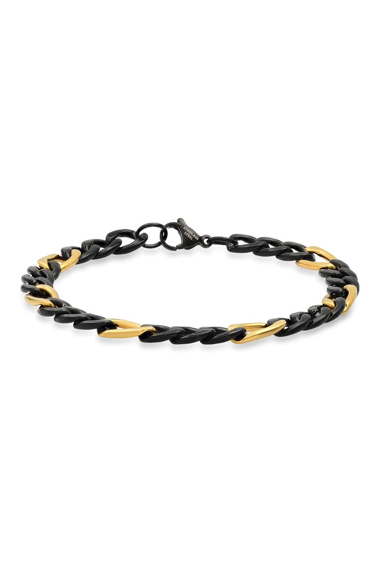 18K Gold Plated Stainless Steel Two-Tone Figaro Chain Bracelet, Main, color, BLACK / YELLOW