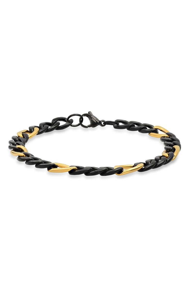 HMY JEWELRY 18K Gold Plated Stainless Steel Two-Tone Figaro Chain Bracelet, Main, color, Black / Yellow
