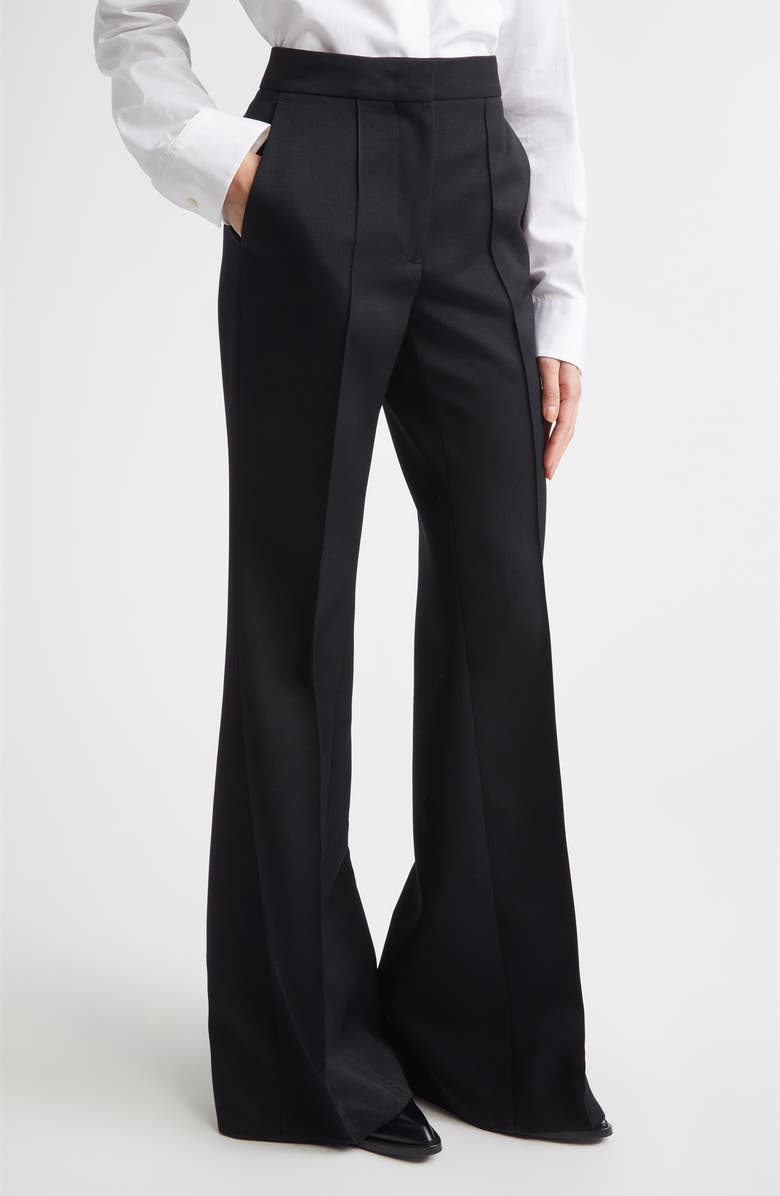 Jil Sander Pintucked Wool Grain de Poudre Flare Trousers, Main, color, Black