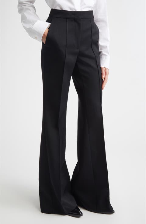 Pintucked Wool Grain de Poudre Flare Trousers