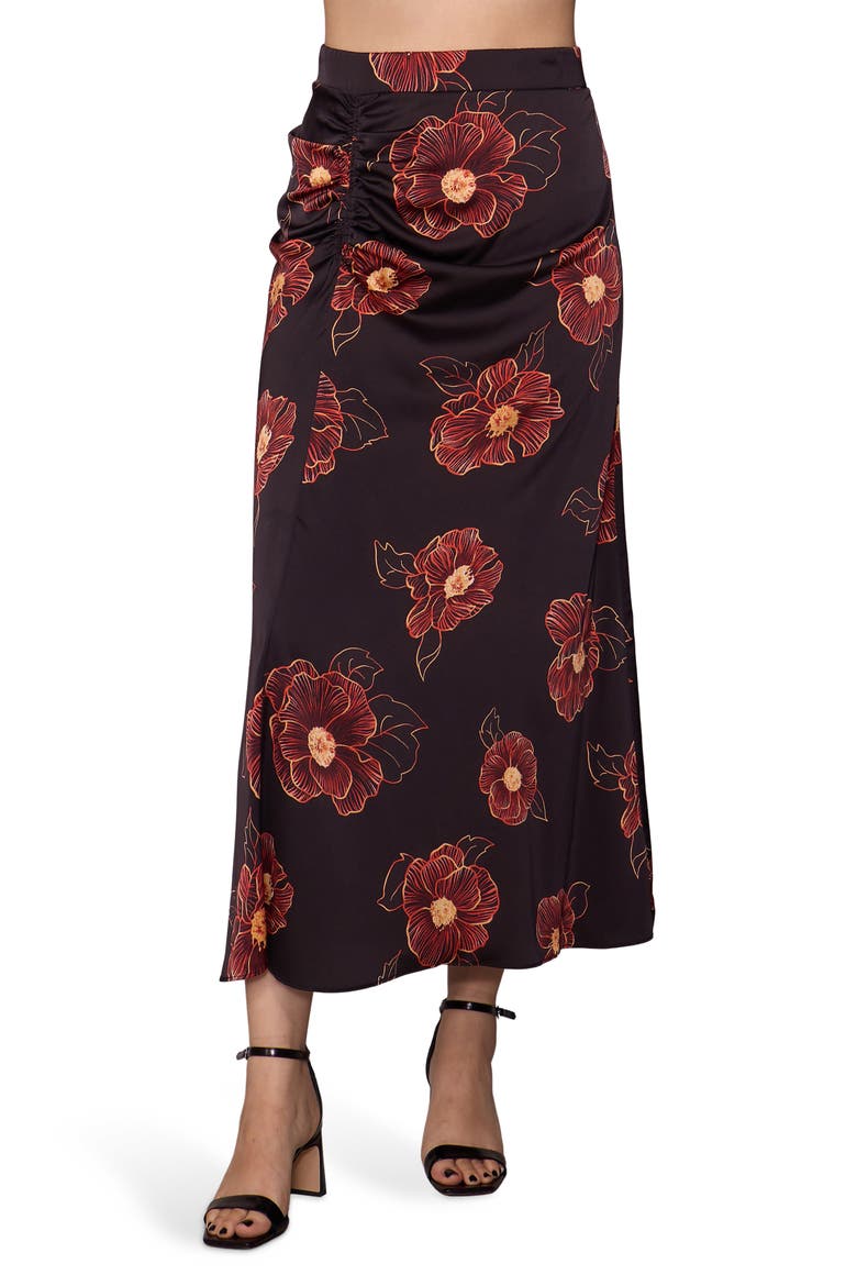 Floral Satin Ruched Midi Skirt, Main, color, BLACK FIERY ORANGE FLORAL