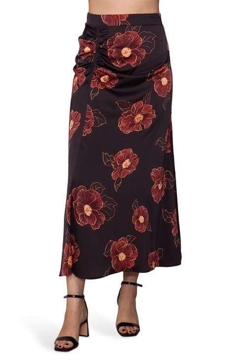 Floral Satin Ruched Midi Skirt