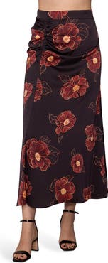 MELLODAY Floral Satin Ruched Midi Skirt