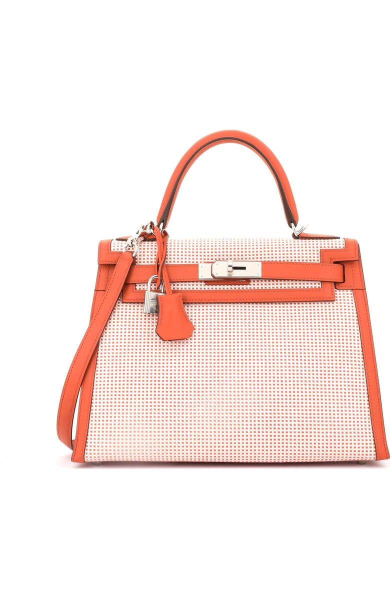 Pre-Owned Hermes Kelly Handbag Quadrille Canvas and Orange Swift with Palladium Hardware 28, Main, color, Terre Battue