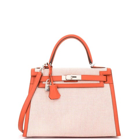 Kelly Handbag Quadrille Canvas and Orange Swift with Palladium Hardware 28