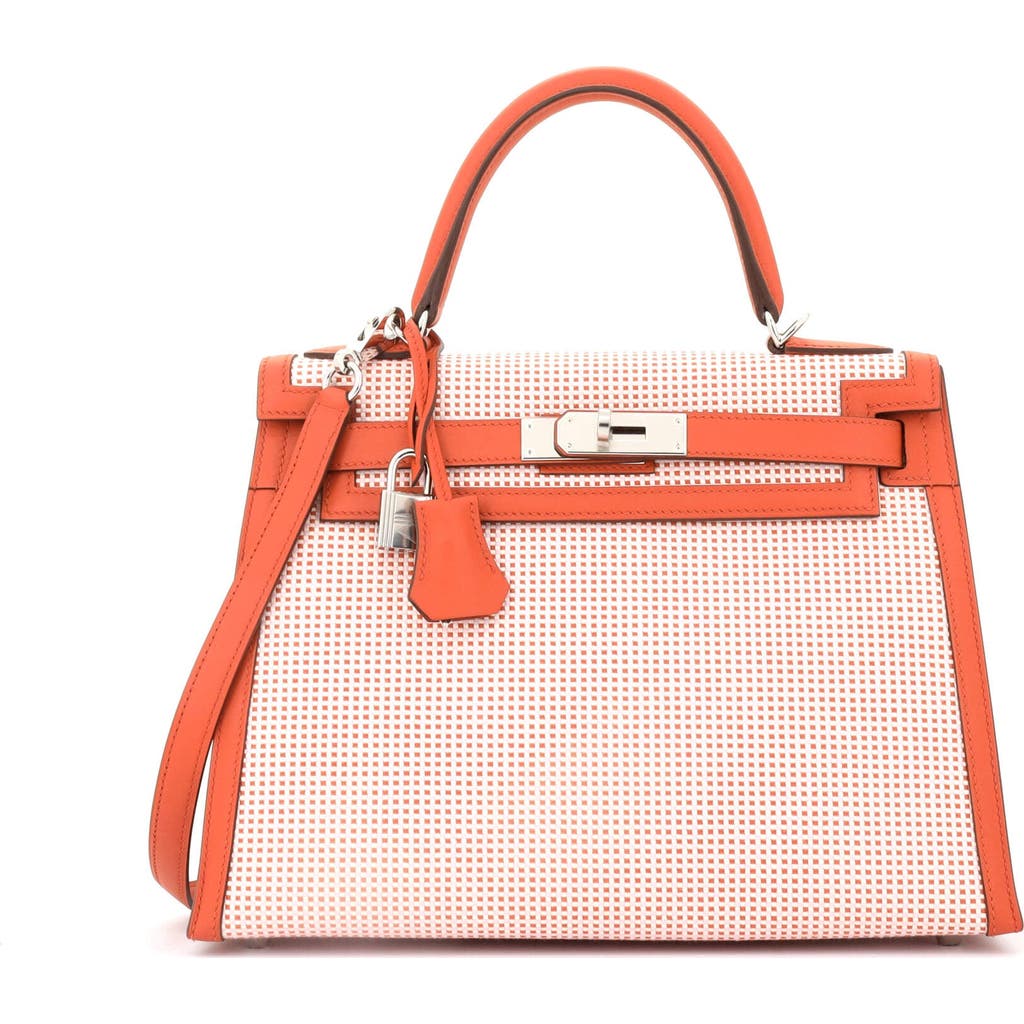 Pre-owned Hermes Hermes Kelly Handbag Quadrille Canvas And Orange Swift With Palladium Hardware 28 In Brown