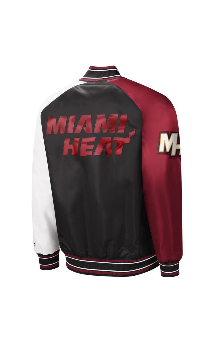 STARTER Men's Starter Black/Red Miami Heat Reliever Varsity Satin Raglan Full-Snap Jacket, Alternate, color,