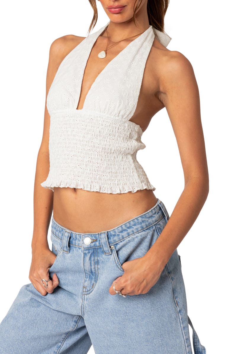 EDIKTED Hannah Cotton Eyelet Halter Top, Alternate, color,