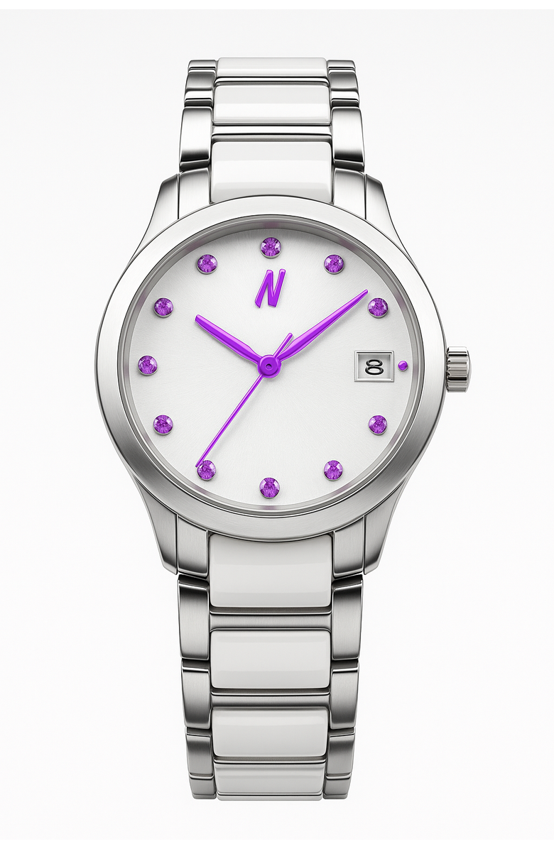 NCMPRBL Petite Link Purple Reign Ceramic Bracelet Watch, 34MM, Main, color, White/Silver/ Purple