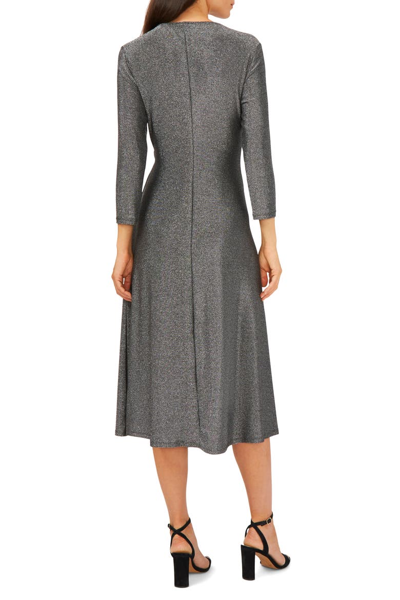 Three-Quarter Sleeve Faux Wrap Midi Dress, Alternate, color, BLACK/SILVER 013