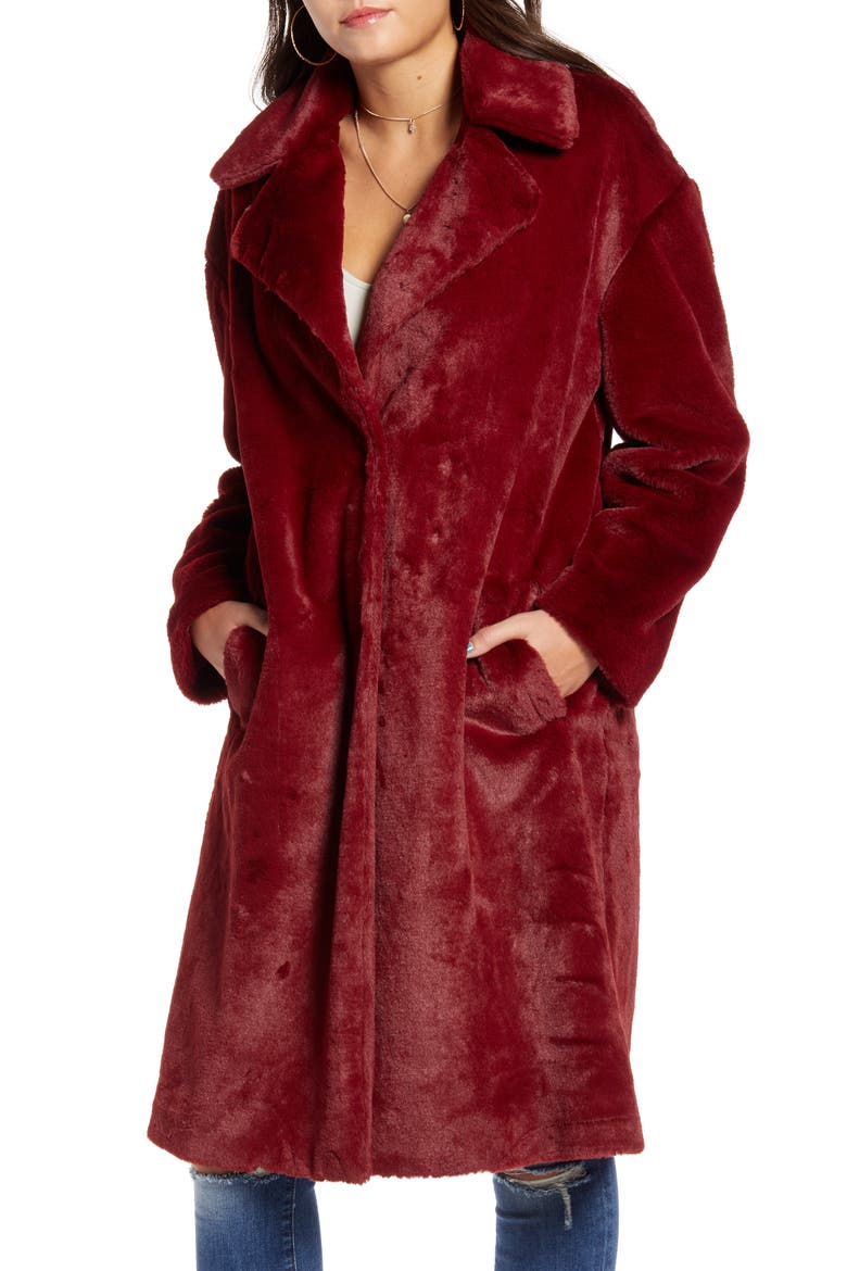 Long Faux Fur Coat, Alternate, color, BURGUNDY