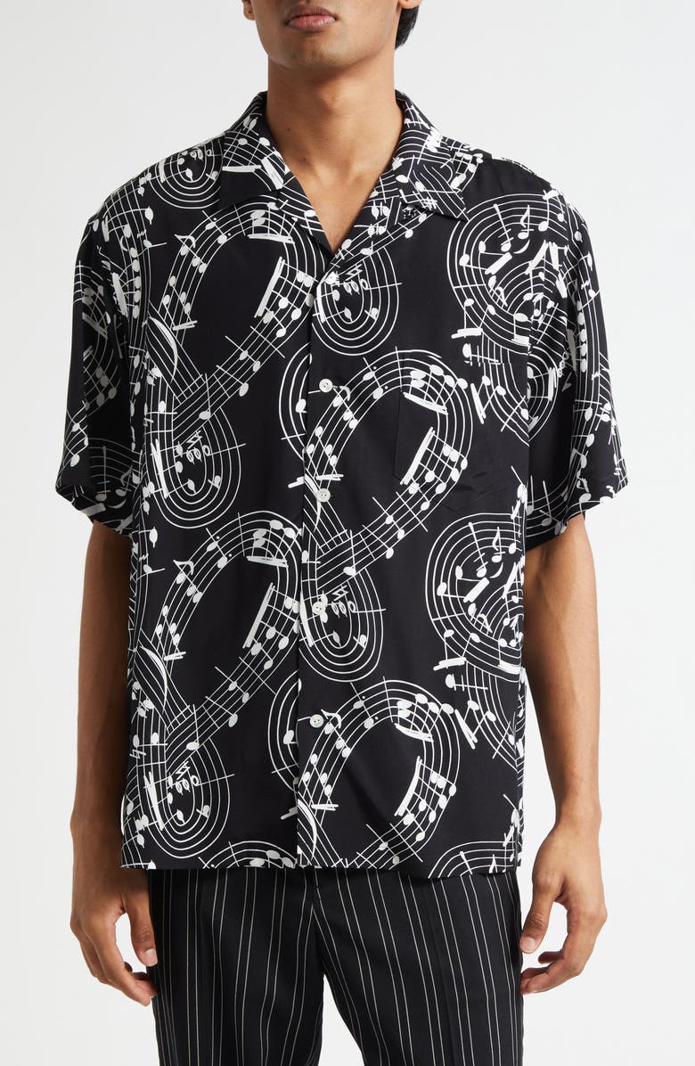 TAKAHIROMIYASHITA TheSoloist. Music Note Print Camp Shirt, Main, color, Black X White