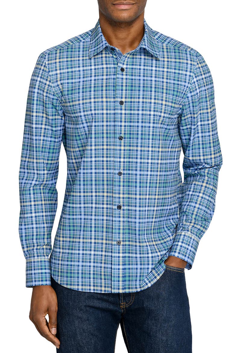 Slim Fit Multi Plaid Woven Long Sleeve Basic Shirt, Main, color, NAVY/GREEN