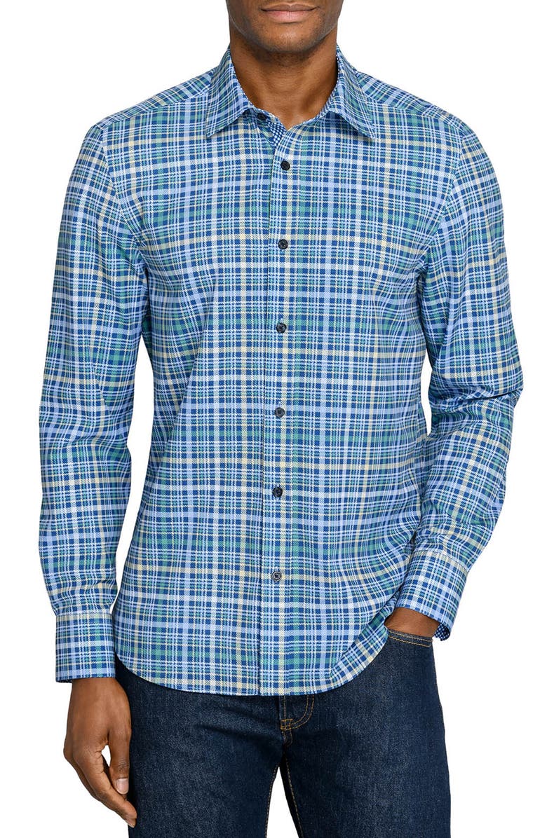 CONSTRUCT Slim Fit Multi Plaid Woven Long Sleeve Basic Shirt, Main, color, Navy/Green