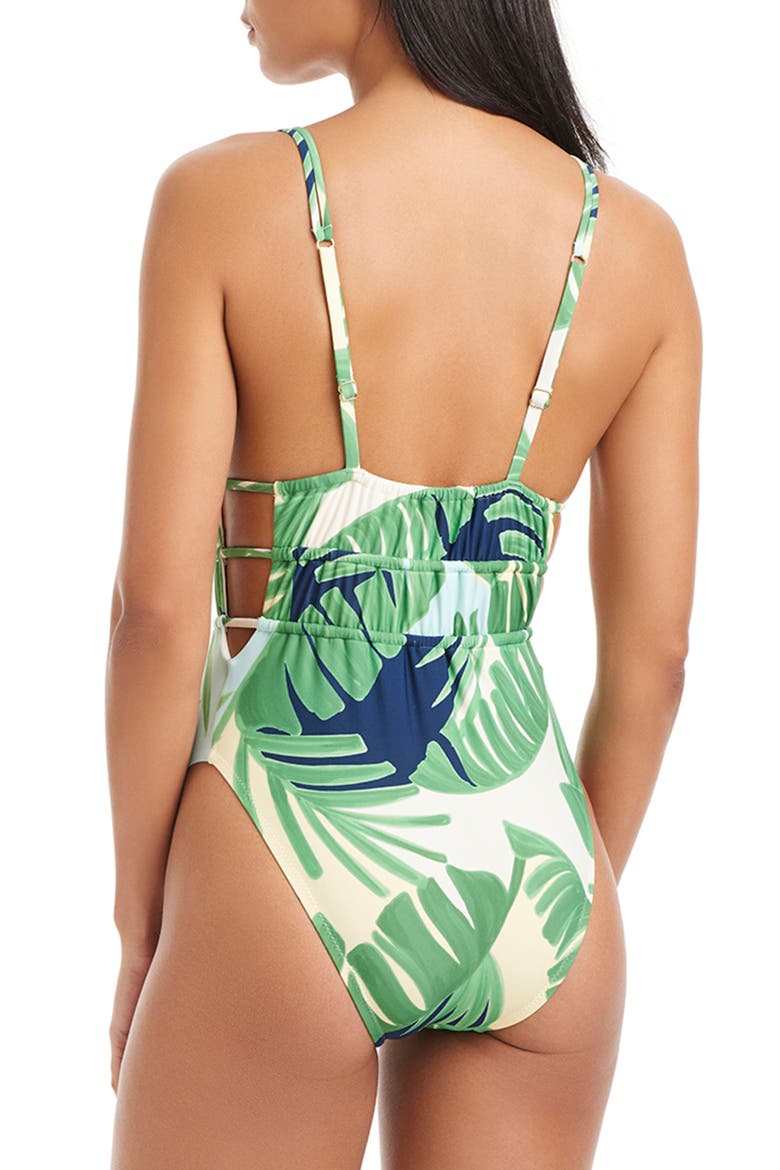 Shirred Cutout One-Piece Swimsuit, Alternate, color, GREEN MULTI