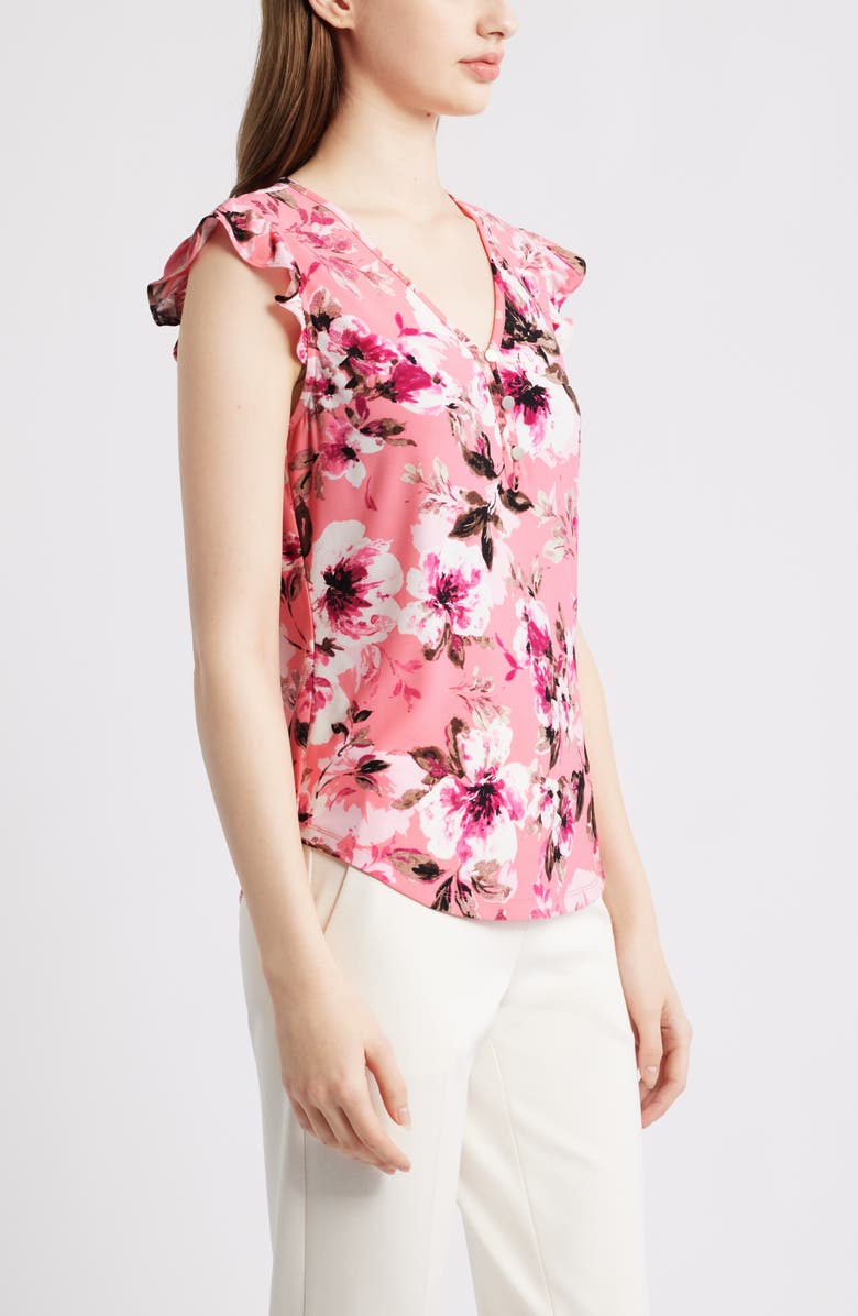 AK ANNE KLEIN Floral Ruffle Jersey Top, Alternate, color, Calypso Coral Multi