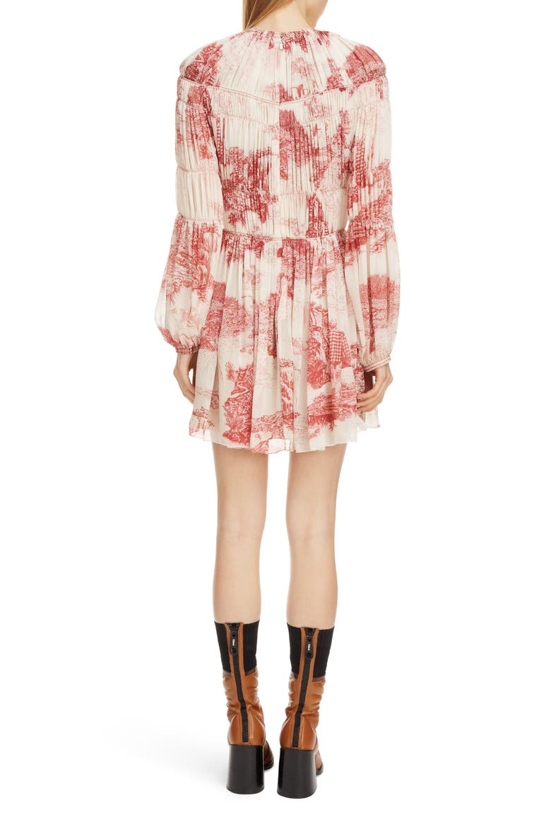 Toile Long Sleeve Smocked Silk Georgette Minidress, Alternate, color, WHITE - RED 1