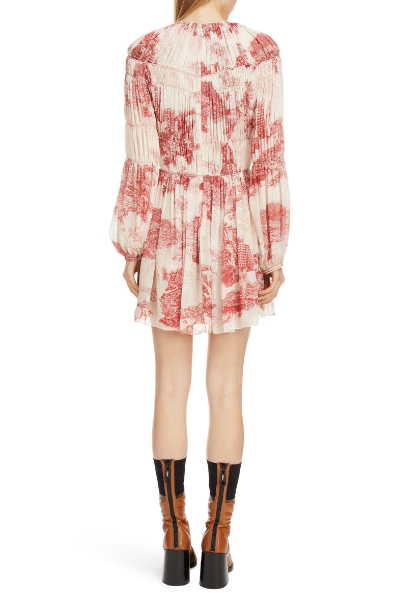 Chloé Toile Long Sleeve Smocked Silk Georgette Minidress, Alternate, color,