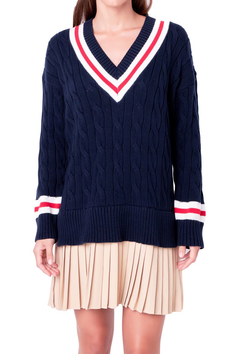Cable Knit Pleated Sweater Dress, Alternate, color, NAVY MULTI