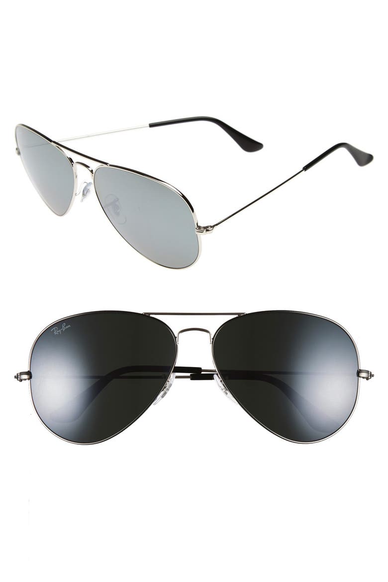62mm Aviator Sunglasses, Main, color, SILVER/ DARK GREY MIRROR