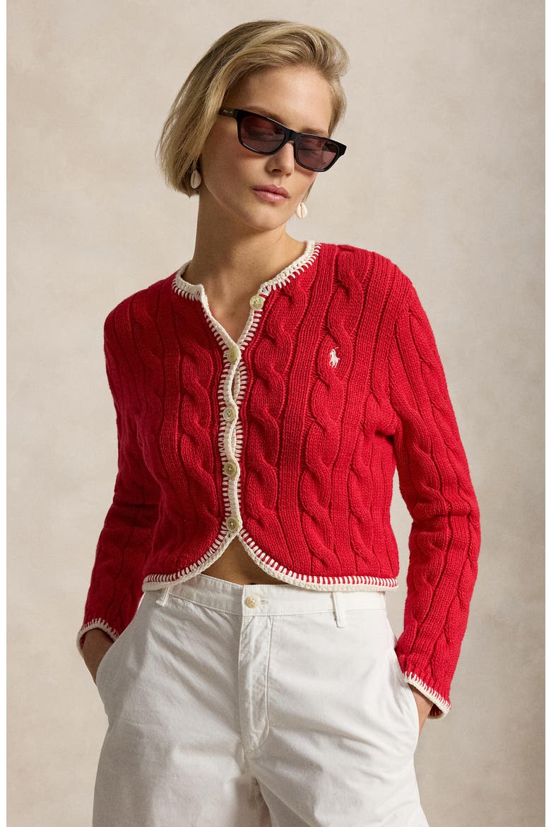Whipstitch Trim Cable Stitch Cardigan, Alternate, color, CRUISE RED