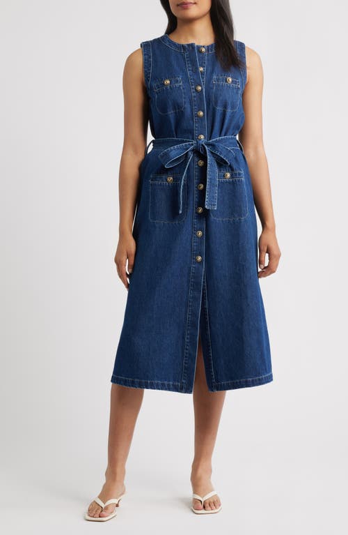Zoe And Claire Sleeveless Belted Denim Dress In Blue