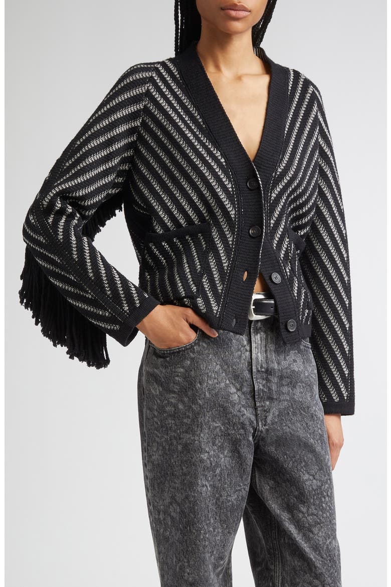 Journey Olivia Fringe Trim Virgin Wool Cardigan, Main, color, BLACK/ WHITE