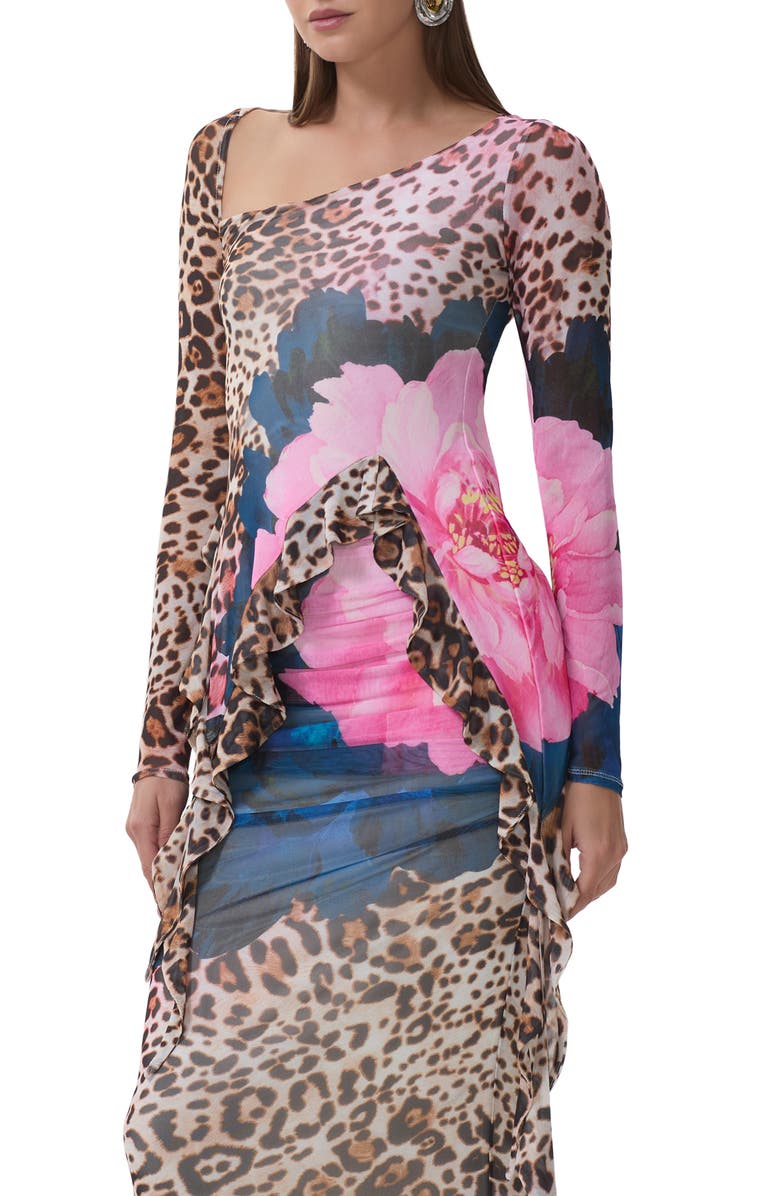 AFRM Doris Ruffle Asymmetric Mesh Top, Alternate, color, Animal Block Peony