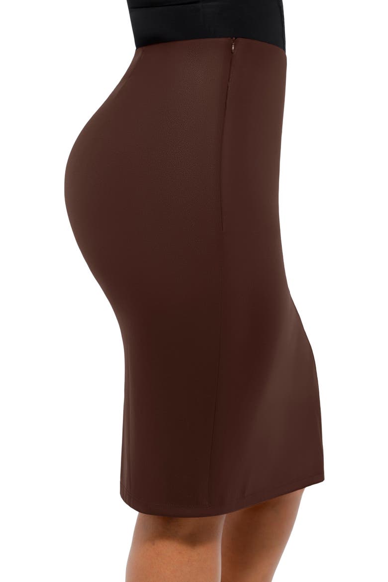 Shapewear Sculpting Faux Leather Front Slit Midi Skirt, Alternate, color, Deep Coffee