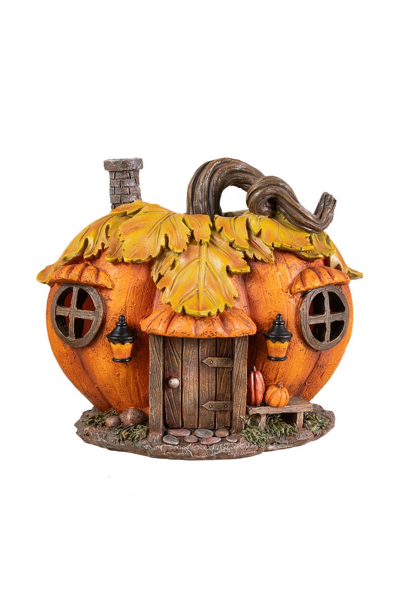 8.5"L Fall Lighted Resin Pumpkin House Table Decor with Timer, Alternate, color, Brown