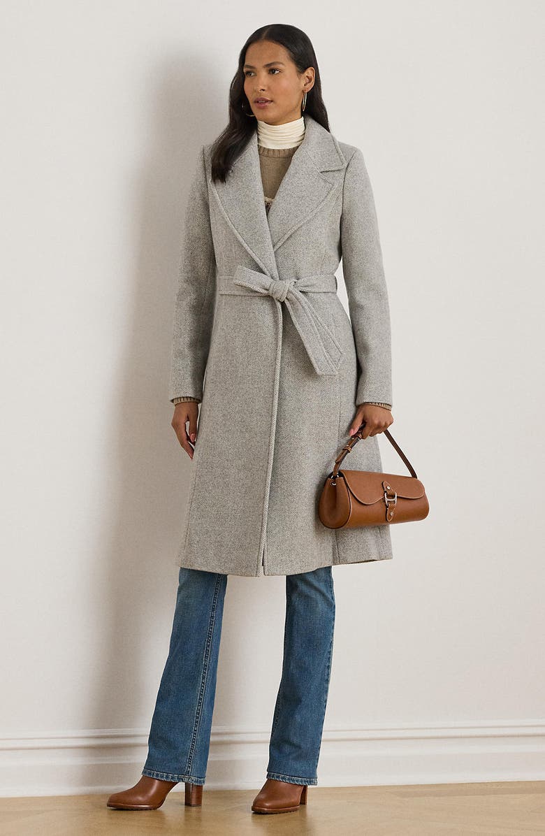 Lauren Ralph Lauren Wrap Longline Coat, Alternate, color, Grey/ Cream Herringbone
