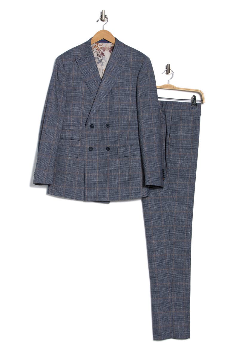 Trim Fit Plaid Double Breasted Flat Front Suit, Alternate, color, BLUE