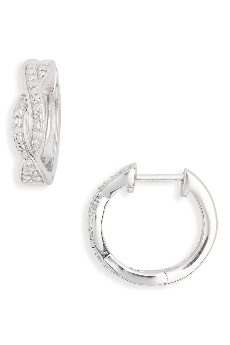 Sterling Silver Pavé Diamond Huggie Hoop Earrings, Main, color, WHITE