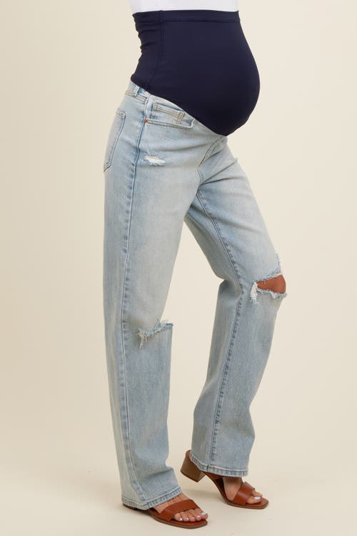 Pinkblush Open Knee Relaxed Straight Leg Maternity Jeans In Blue
